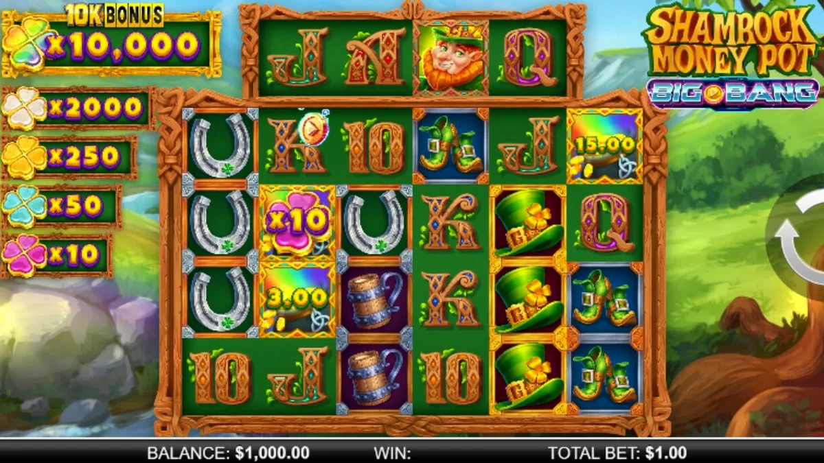 Shamrock Money Pot Big Bang স্লট গেমের একটি দৃশ্য যেখানে আইরিশ থিম এবং মহাকাশীয় এলিমেন্ট দেখা যাচ্ছে।